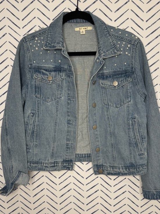 miami Jackets & Blazers - Miami Pearl Embellished Denim Jacket Light wash size medium